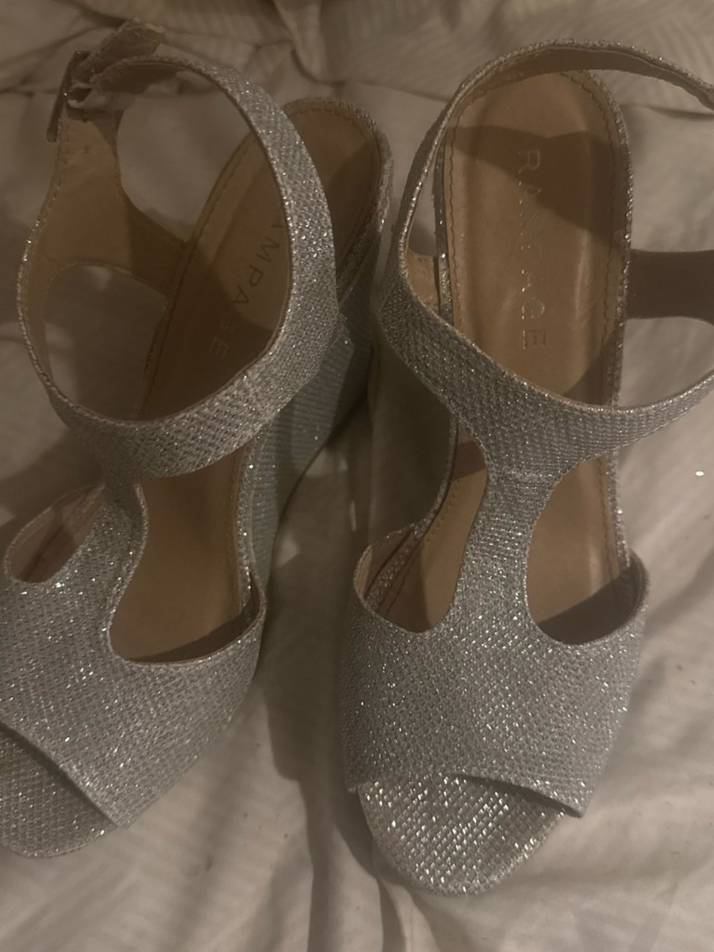 Rampage Glitter Silver Platform T-Strap Heels